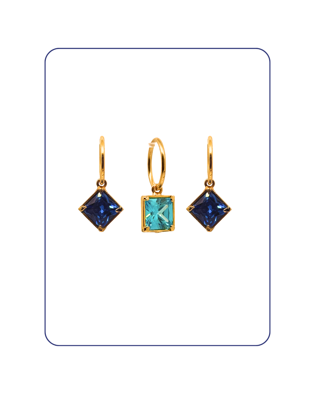 Gold earrings with blue and turquoise gemstones on a white background